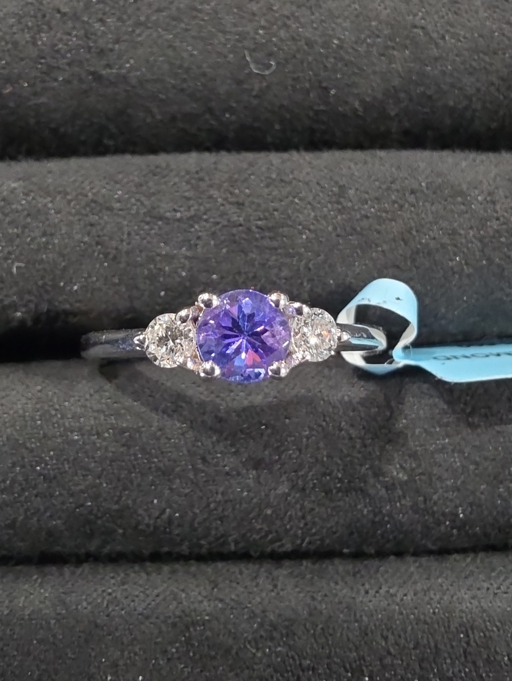 Genuine Three-Stone Tanzanite And Lab Grown Diamond Ring Set In 925 SS